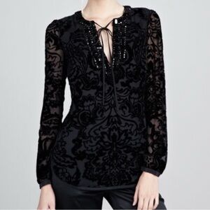 Tory Burch Auden Velvet Burnout Tunic Top with Embellished Neckline.